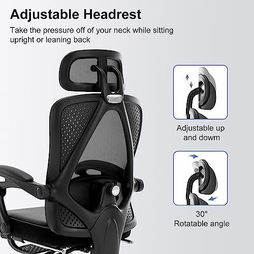 Ergonomic Office Chair, Reclining High Back Mesh Chair with Lumbar Support PU Leather Home Task Desk Chair with Headrest and Footrest Computer Executive Desk Chair with Padded Armrests,Black