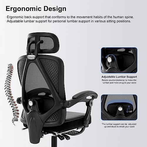 Ergonomic Office Chair, Reclining High Back Mesh Chair with Lumbar Support PU Leather Home Task Desk Chair with Headrest and Footrest Computer Executive Desk Chair with Padded Armrests,Black