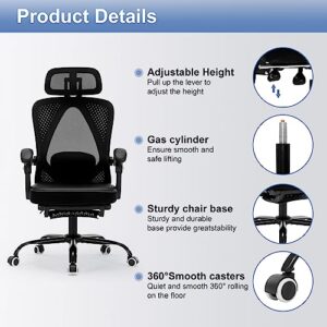 Ergonomic Office Chair, Reclining High Back Mesh Chair with Lumbar Support PU Leather Home Task Desk Chair with Headrest and Footrest Computer Executive Desk Chair with Padded Armrests,Black