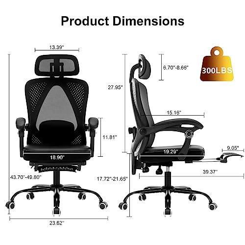 Ergonomic Office Chair, Reclining High Back Mesh Chair with Lumbar Support PU Leather Home Task Desk Chair with Headrest and Footrest Computer Executive Desk Chair with Padded Armrests,Black