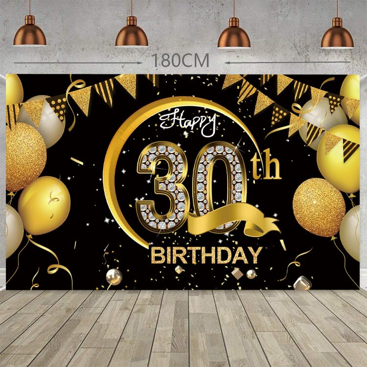 Happy 30th Birthday Banner for Men/Women, Black Gold 30th Birthday Decorations, 30th Birthday Poster Sign, 30th Birthday Party Photo Booth Props (70.8in x 43.3in)