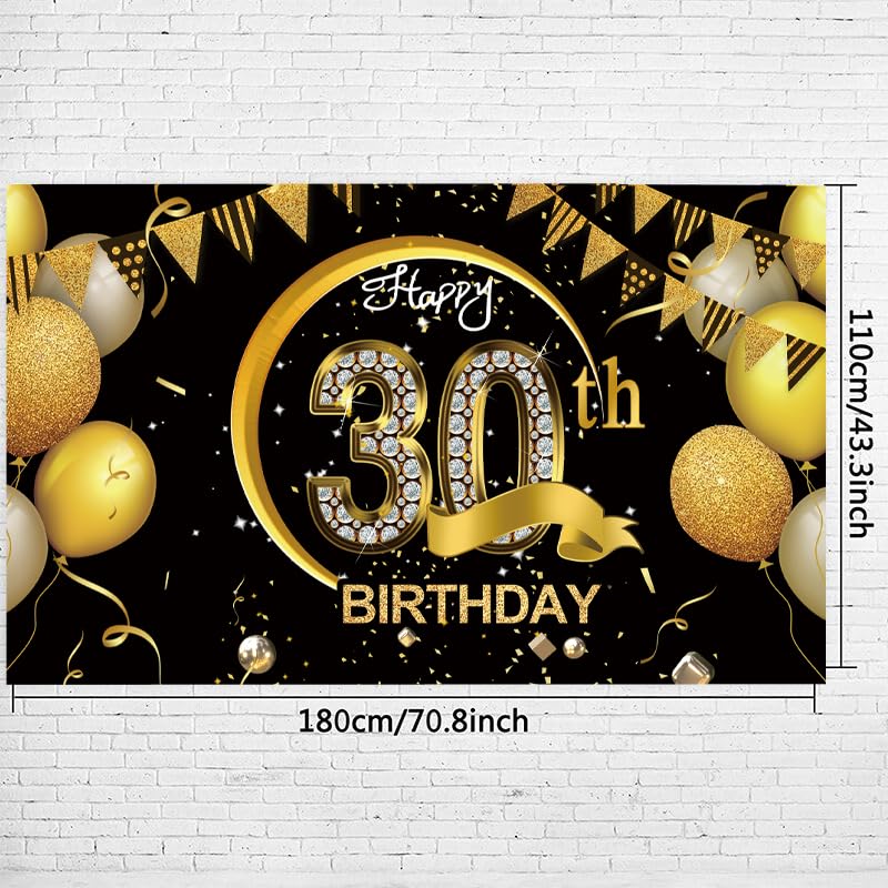 Happy 30th Birthday Banner for Men/Women, Black Gold 30th Birthday Decorations, 30th Birthday Poster Sign, 30th Birthday Party Photo Booth Props (70.8in x 43.3in)