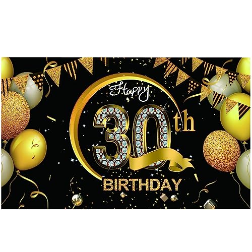 Happy 30th Birthday Banner for Men/Women, Black Gold 30th Birthday ...