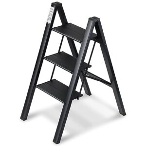 miscoos 3 step ladder, lightweight portable folding step stool with anti-slip sturdy and wide pedal, 330lb capacity, perfect multi-use aluminum stepladder for home kitchen office, black