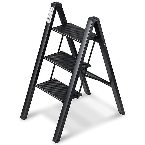 Miscoos 3 Step Ladder, Lightweight Portable Folding Step Stool with Anti-Slip Sturdy and Wide Pedal, 330lb Capacity, Perfect Multi-Use Aluminum Stepladder for Home Kitchen Office, Black