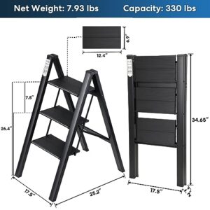 Miscoos 3 Step Ladder, Lightweight Portable Folding Step Stool with Anti-Slip Sturdy and Wide Pedal, 330lb Capacity, Perfect Multi-Use Aluminum Stepladder for Home Kitchen Office, Black