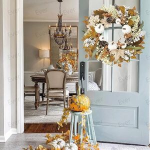 24 Inch Fall Decor Wreaths for Front Door - Outdoor Fall Decorations for Home and Porch Neutral Autumn Large Pumbkin Wreath for Halloween Thanksgiving Harvest Decoration Indoor Farmhouse Wall Decir