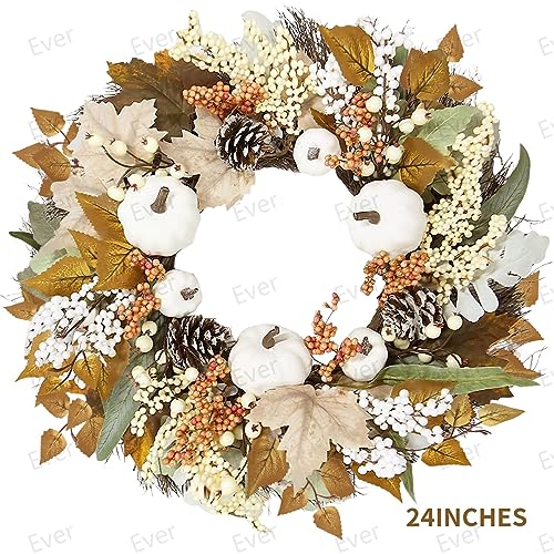 24 Inch Fall Decor Wreaths for Front Door - Outdoor Fall Decorations for Home and Porch Neutral Autumn Large Pumbkin Wreath for Halloween Thanksgiving Harvest Decoration Indoor Farmhouse Wall Decir