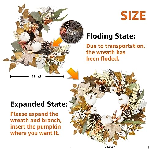 24 Inch Fall Decor Wreaths for Front Door - Outdoor Fall Decorations for Home and Porch Neutral Autumn Large Pumbkin Wreath for Halloween Thanksgiving Harvest Decoration Indoor Farmhouse Wall Decir