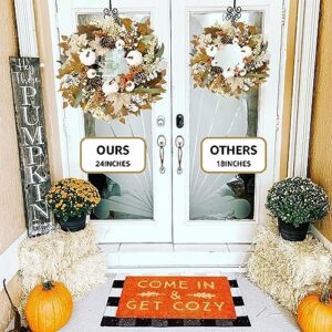 24 Inch Fall Decor Wreaths for Front Door - Outdoor Fall Decorations for Home and Porch Neutral Autumn Large Pumbkin Wreath for Halloween Thanksgiving Harvest Decoration Indoor Farmhouse Wall Decir