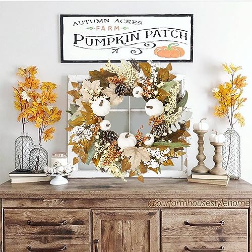 24 Inch Fall Decor Wreaths for Front Door - Outdoor Fall Decorations for Home and Porch Neutral Autumn Large Pumbkin Wreath for Halloween Thanksgiving Harvest Decoration Indoor Farmhouse Wall Decir