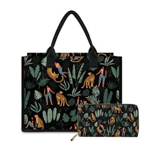 ROZEMARI Unique Design 2PCS Printed Women's Canvas Tote Bag and PU Leather Wallet Handbags for Travelling Picnic Shopping