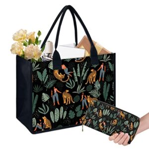 ROZEMARI Unique Design 2PCS Printed Women's Canvas Tote Bag and PU Leather Wallet Handbags for Travelling Picnic Shopping