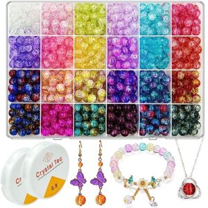 720pcs glass beads for jewelry making, 24 color 8mm crystal crackle glass beads for bracelets making gemstone loose spacer beads for diy craft friendship necklace earring jewelry making (8mm crackle)