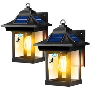 solar wall lantern, wirelss motion sensor solar light, ip65 waterproof & 3 modes with solar powered wall lights, dusk to dawn exterior solar porch lights for patio, garden, camping (2 pack)
