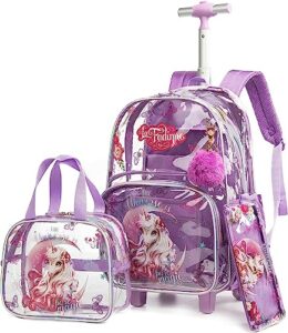 zbaogtw unicorn rolling backpack for girls rolling backpack with lunch box and pencil bag adjustable length wheeled backpack for girls