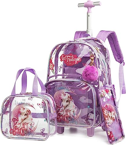 ZBAOGTW Unicorn Rolling Backpack for Girls Rolling Backpack with Lunch Box and Pencil Bag Adjustable Length Wheeled Backpack for Girls