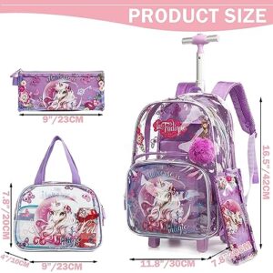 ZBAOGTW Unicorn Rolling Backpack for Girls Rolling Backpack with Lunch Box and Pencil Bag Adjustable Length Wheeled Backpack for Girls