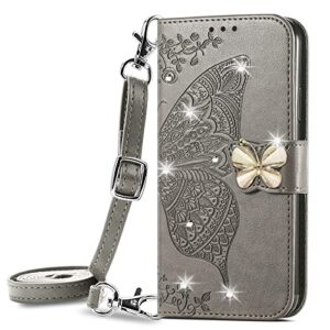 onv wallet case for oppo a17-1.5m adjustable strap emboss butterfly flip phone case card slot magnet leather shell flip stand cover for oppo a17 [zs] -grey