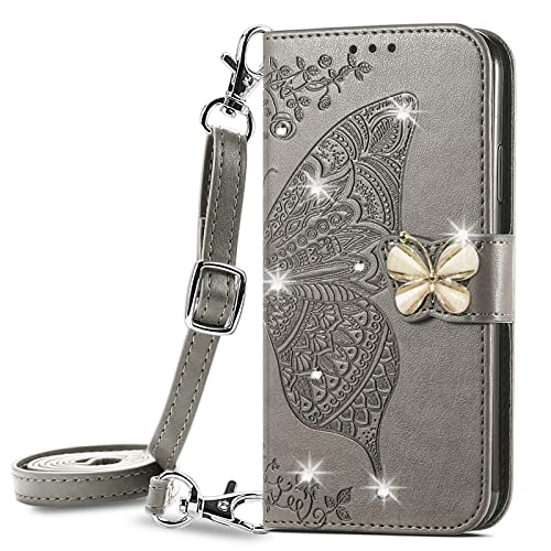 ONV Wallet Case for Oppo A17-1.5M Adjustable Strap Emboss Butterfly Flip Phone Case Card Slot Magnet Leather Shell Flip Stand Cover for Oppo A17 [ZS] -Grey