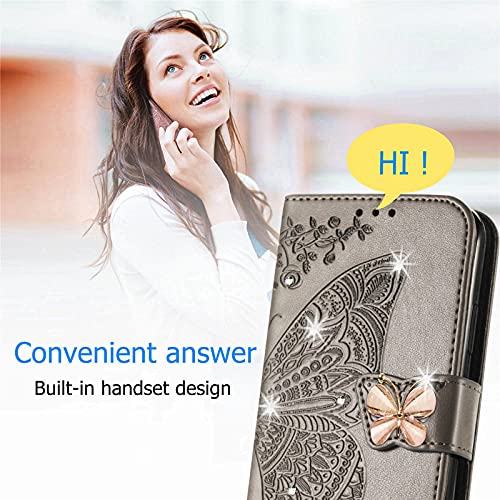 ONV Wallet Case for Oppo A17-1.5M Adjustable Strap Emboss Butterfly Flip Phone Case Card Slot Magnet Leather Shell Flip Stand Cover for Oppo A17 [ZS] -Grey