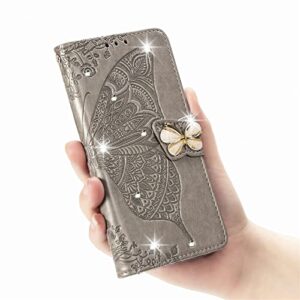 ONV Wallet Case for Oppo A17-1.5M Adjustable Strap Emboss Butterfly Flip Phone Case Card Slot Magnet Leather Shell Flip Stand Cover for Oppo A17 [ZS] -Grey