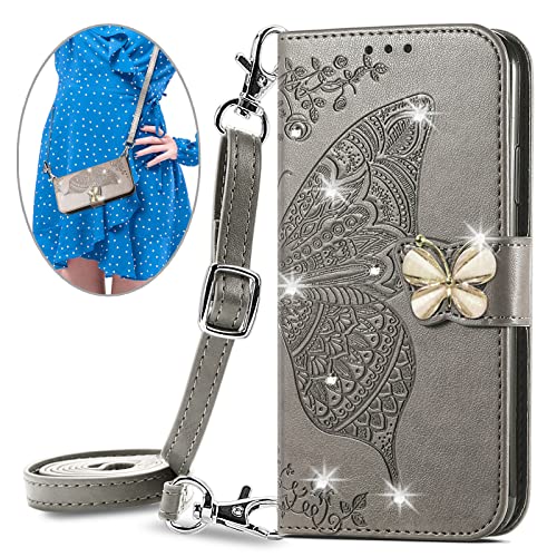 ONV Wallet Case for Oppo A17-1.5M Adjustable Strap Emboss Butterfly Flip Phone Case Card Slot Magnet Leather Shell Flip Stand Cover for Oppo A17 [ZS] -Grey