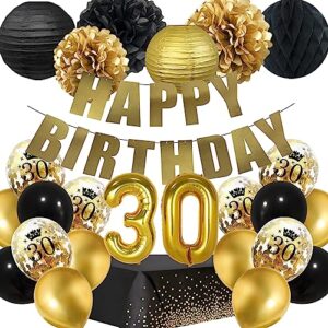 black and gold 30th birthday party decorations, happy birthday banner with paper decorations tablecloth, number 30 balloon, black and gold 30th birthday party supplies by brt bearingshui