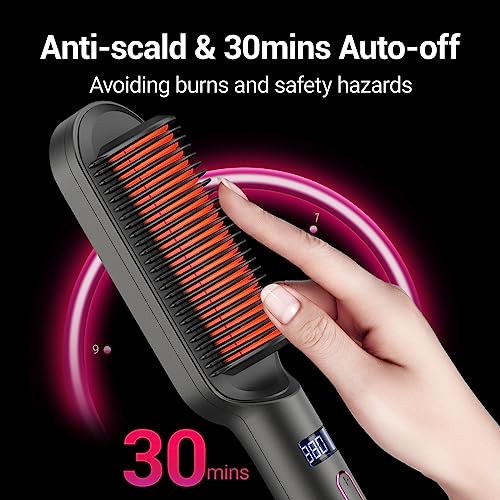 Hair Straightener Brush-Negative Ion Hair Straightener Styling Comb, 9 Temps 30s Fast Heat Straightening Brush with Hot Comb&Led Display, Straightening Comb for Women Curl, Auto Off&Anti Scald-Gray