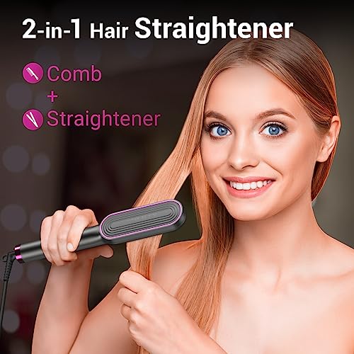 Hair Straightener Brush-Negative Ion Hair Straightener Styling Comb, 9 Temps 30s Fast Heat Straightening Brush with Hot Comb&Led Display, Straightening Comb for Women Curl, Auto Off&Anti Scald-Gray