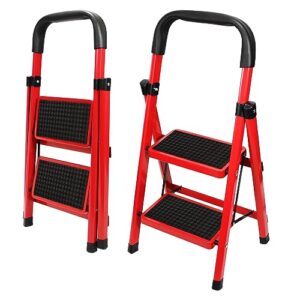 2 step ladder,folding step stool with handgrip and anti-slip wide pedal,lightweight and sturdy,ideal for home kitchen office use.