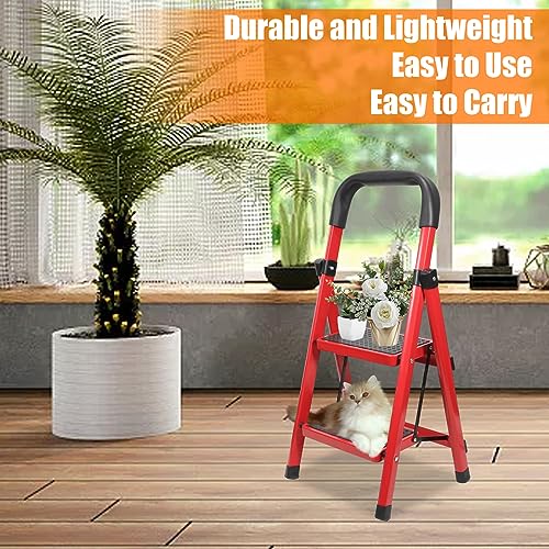 2 Step Ladder,Folding Step Stool with Handgrip and Anti-Slip Wide Pedal,Lightweight and Sturdy,Ideal for Home Kitchen Office Use.