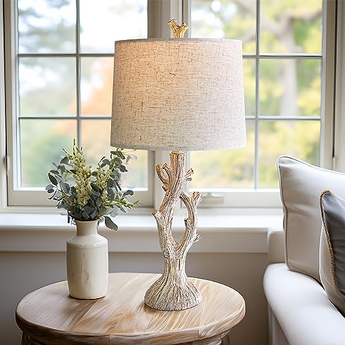 OYEARS 26.25" Farmhouse Table Lamp Set of 2 for Living Room Bedroom Resin Bedside Tree Lamp Nightstand End Table Lamps Vintage Natural Style（Brown）