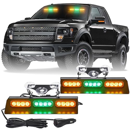 XRIDONSEN Amber Green Emergency Dash Strobe Lights Bar Traffic Advisor Safety Hazard Warning Flashing Interior Front/Rear Windshield Lights Deck Split for Construction Vehicles Trucks (2x10, 24 LED)