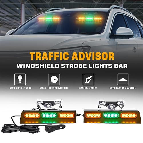 XRIDONSEN Amber Green Emergency Dash Strobe Lights Bar Traffic Advisor Safety Hazard Warning Flashing Interior Front/Rear Windshield Lights Deck Split for Construction Vehicles Trucks (2x10, 24 LED)