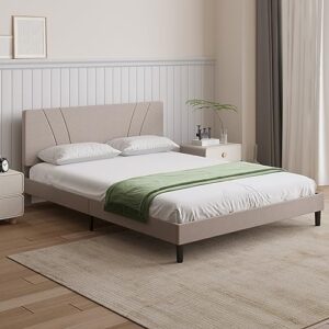 novilla queen size platform bed frame with adjustable headboard upholstered bed frame queen no box spring needed, noise free, easy assembly, beige