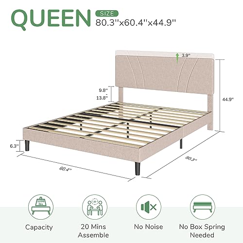 Novilla Queen Size Platform Bed Frame with Adjustable Headboard Upholstered Bed Frame Queen No Box Spring Needed, Noise Free, Easy Assembly, Beige