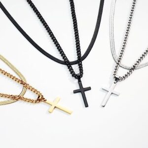 RUOOUY Layered Cross Necklace for Men Boys Stainless Steel Layered Snake Chain Cuban Link Chain 16-24 inch Christian Cross Pendant Religious Jewelry Gifts(S-18-20)