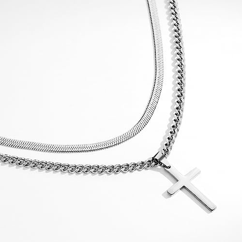 RUOOUY Layered Cross Necklace for Men Boys Stainless Steel Layered Snake Chain Cuban Link Chain 16-24 inch Christian Cross Pendant Religious Jewelry Gifts(S-18-20)