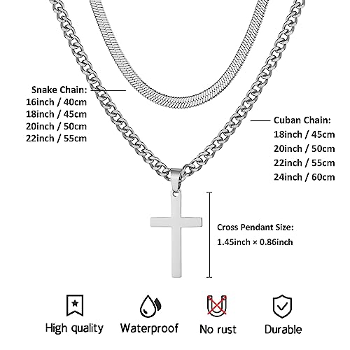 RUOOUY Layered Cross Necklace for Men Boys Stainless Steel Layered Snake Chain Cuban Link Chain 16-24 inch Christian Cross Pendant Religious Jewelry Gifts(S-18-20)