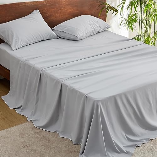 Bedsure Queen Sheets Grey - Polyester & Rayon Derived from Bamboo Cooling Bed Sheets, Deep Pockets Fits up to 16", Breathable, Wrinkle Free and Soft Queen Sheet & Pillowcase Sets