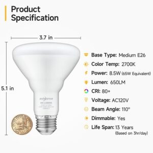 SHINESTAR 6-Pack BR30 LED Bulb 65W Equivalent, Recessed Light Bulbs, 2700K Warm White, Dimmable, 650LM, E26 Base