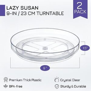 2 Pack, 9 Inch Clear Non-Skid Lazy Susan Organizers - Turntable Rack for Kitchen Cabinet, Pantry Organization and Storage, Fridge, Bathroom Closet, Vanity Countertop Makeup Organizing, Spice Rack