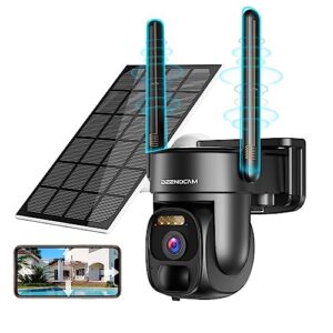 3k 5dbi solar security cameras wireless outdoor cameras for home security, 5mp 4x digital zoom 360° ptz battery powered wifi camera with spotlight siren,color night vision,motion detection,2-way audio