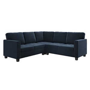 HONBAY Velvet Convertible Sectional Sofa L Shaped Couch Reversible 4 Seat Corner Sectional Sofa for Small Space, Dark Blue