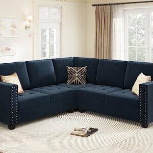 HONBAY Velvet Convertible Sectional Sofa L Shaped Couch Reversible 4 Seat Corner Sectional Sofa for Small Space, Dark Blue