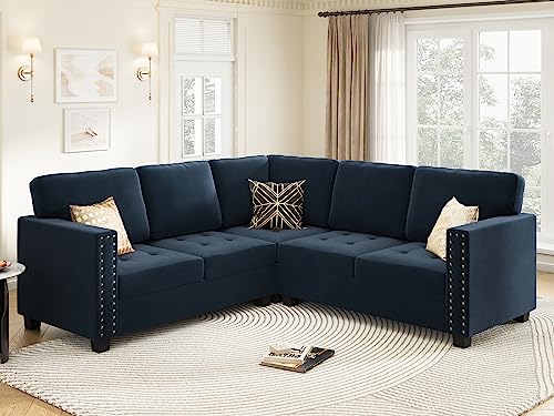 HONBAY Velvet Convertible Sectional Sofa L Shaped Couch Reversible 4 Seat Corner Sectional Sofa for Small Space, Dark Blue