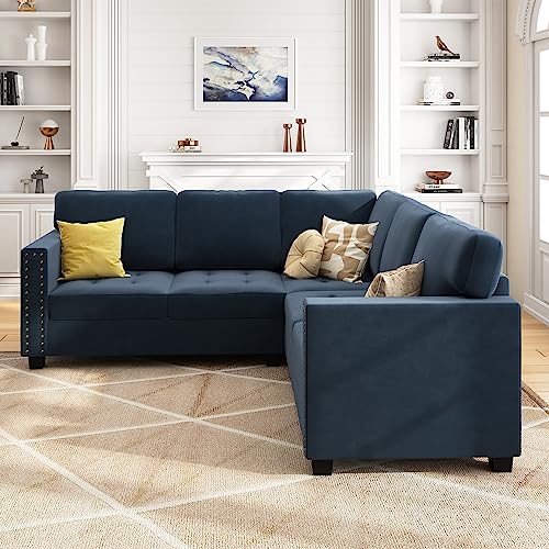 HONBAY Velvet Convertible Sectional Sofa L Shaped Couch Reversible 4 Seat Corner Sectional Sofa for Small Space, Dark Blue