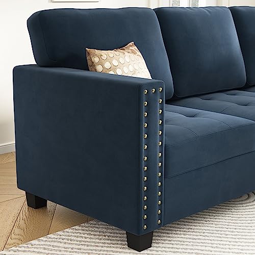 HONBAY Velvet Convertible Sectional Sofa L Shaped Couch Reversible 4 Seat Corner Sectional Sofa for Small Space, Dark Blue