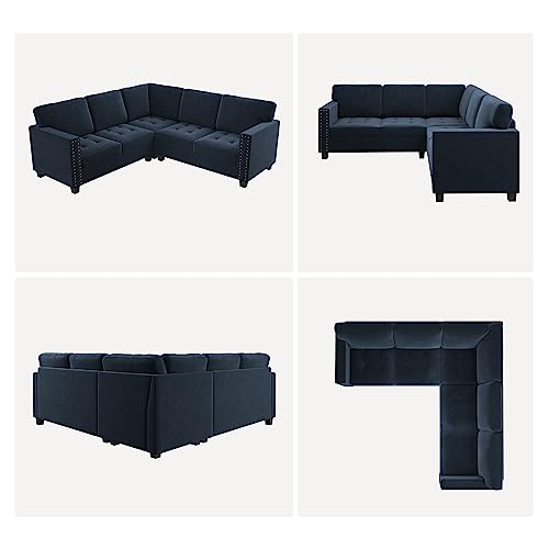 HONBAY Velvet Convertible Sectional Sofa L Shaped Couch Reversible 4 Seat Corner Sectional Sofa for Small Space, Dark Blue